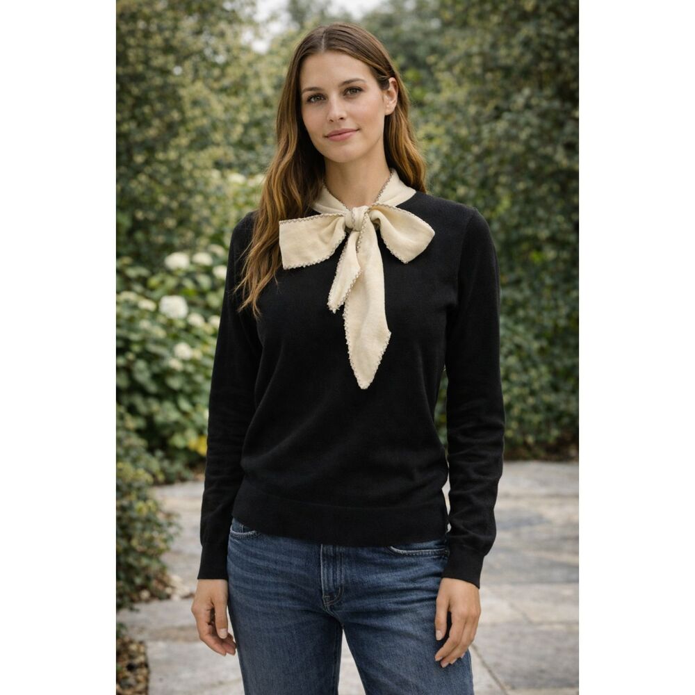 J.ING Black Cream Sweater Neck Tie Bow Wool Blend Small